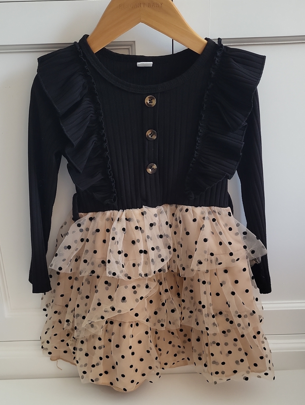 Black Ribbed Button-Front Top with Shell Buttons W/ Beige And Black Skirt Dress
